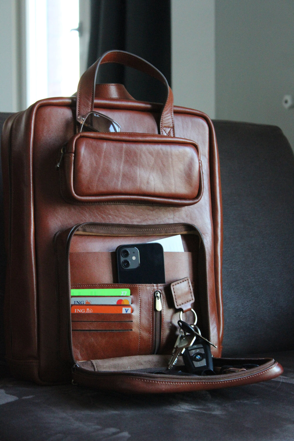Handmade Full Grain Leather Laptop Backpack: Compact Modular Bag