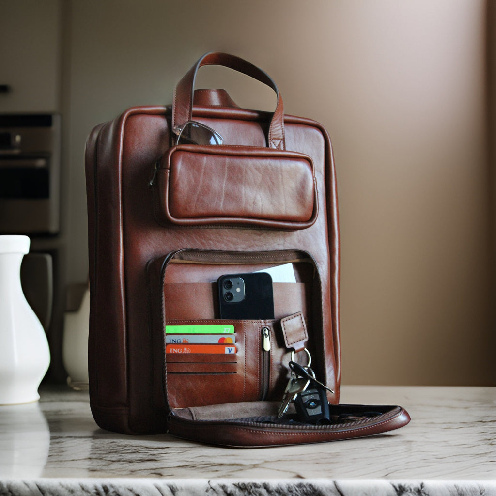 Handmade Full Grain Leather Laptop Backpack: Compact Modular Bag