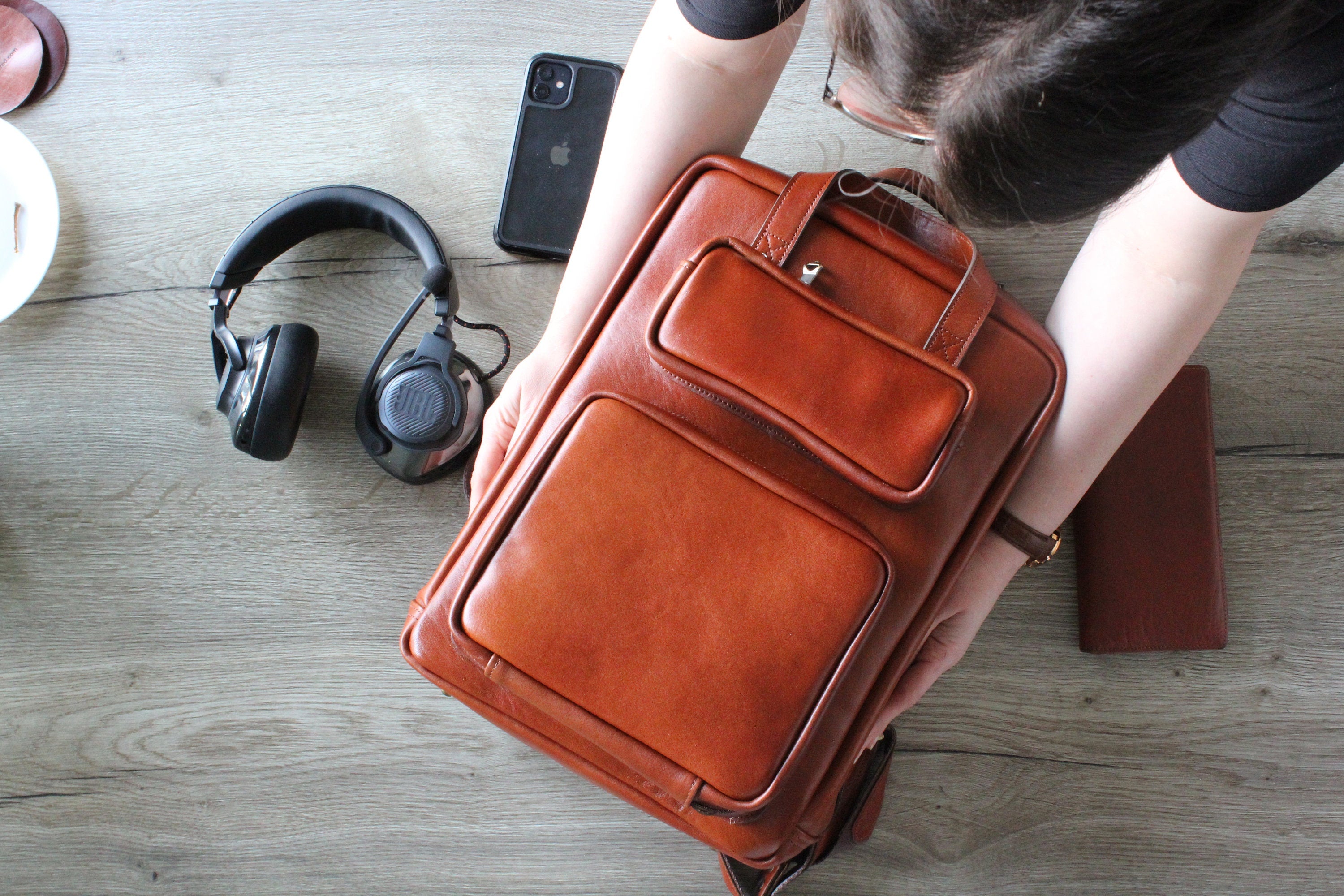 Handmade Full Grain Leather Laptop Backpack: Compact Modular Bag