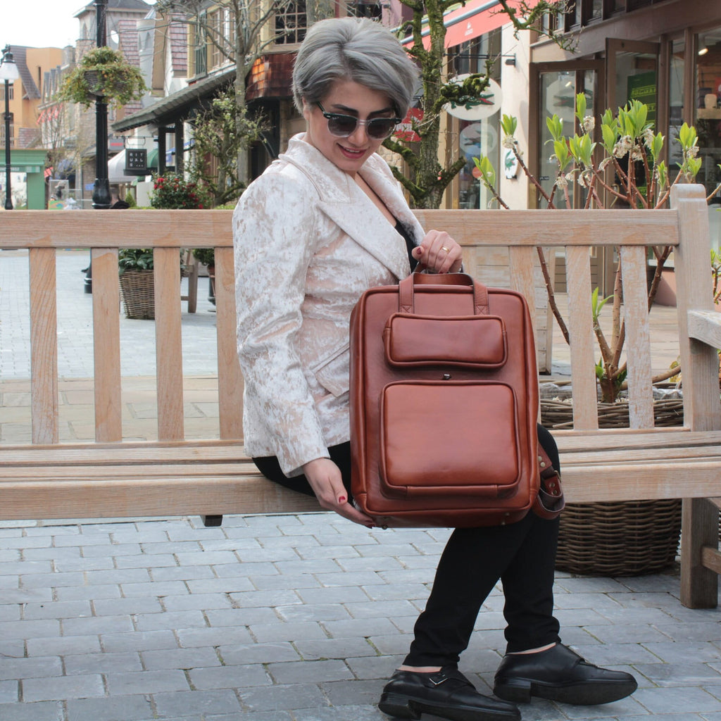 Handmade Full Grain Leather Laptop Backpack: Compact Modular Bag