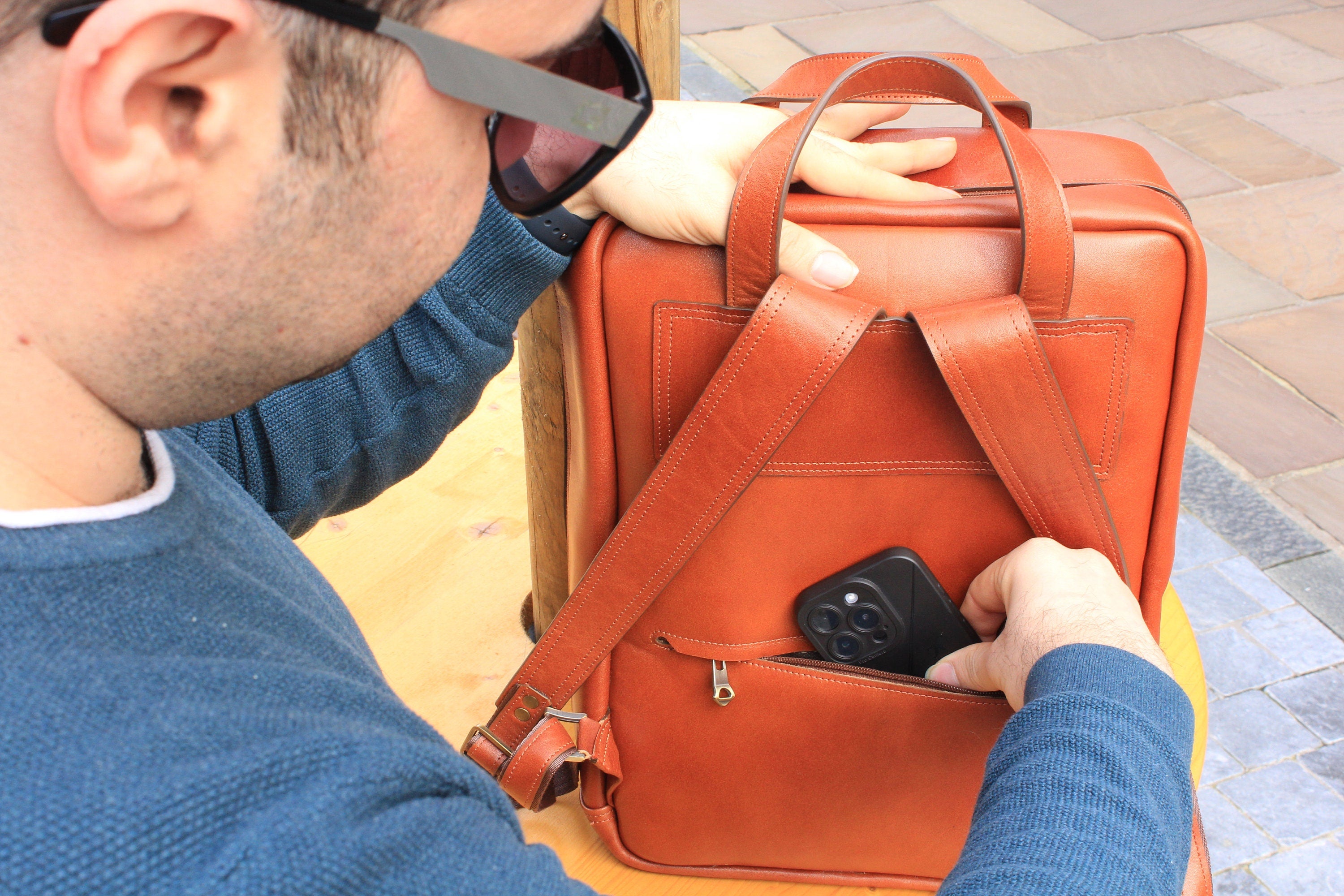 Handmade Full Grain Leather Laptop Backpack: Compact Modular Bag