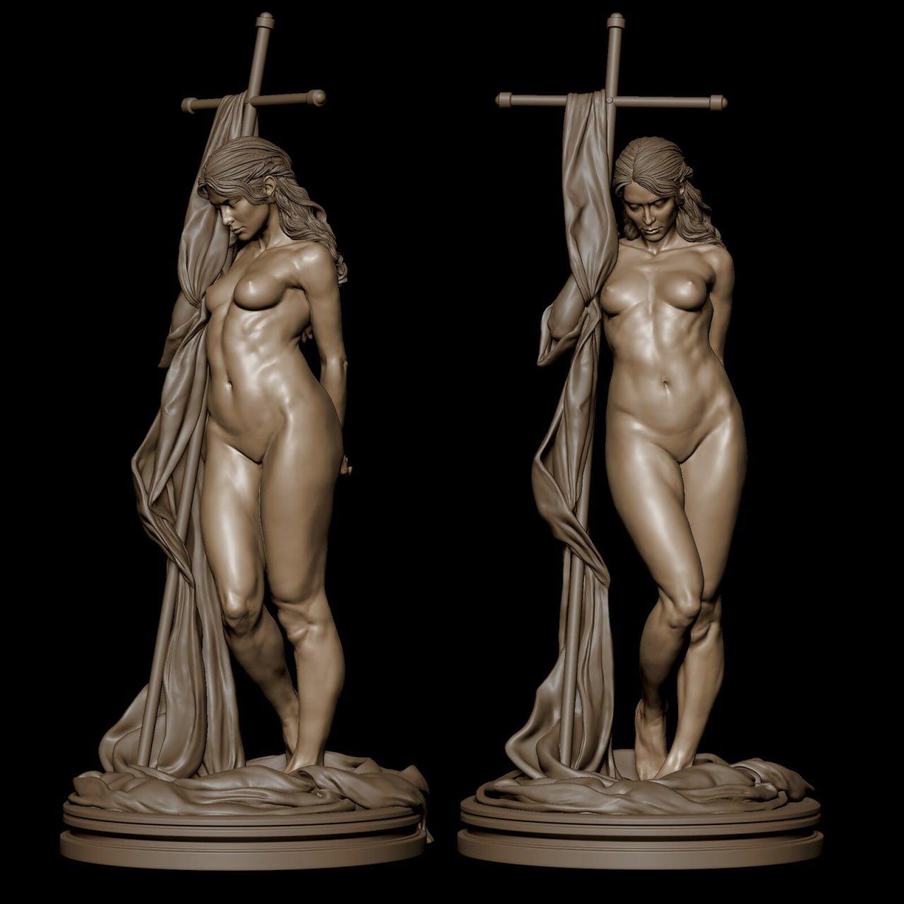 Elegant Female Figurine with Cross – Handcrafted Resin Sculpture in Neo-Classical Style