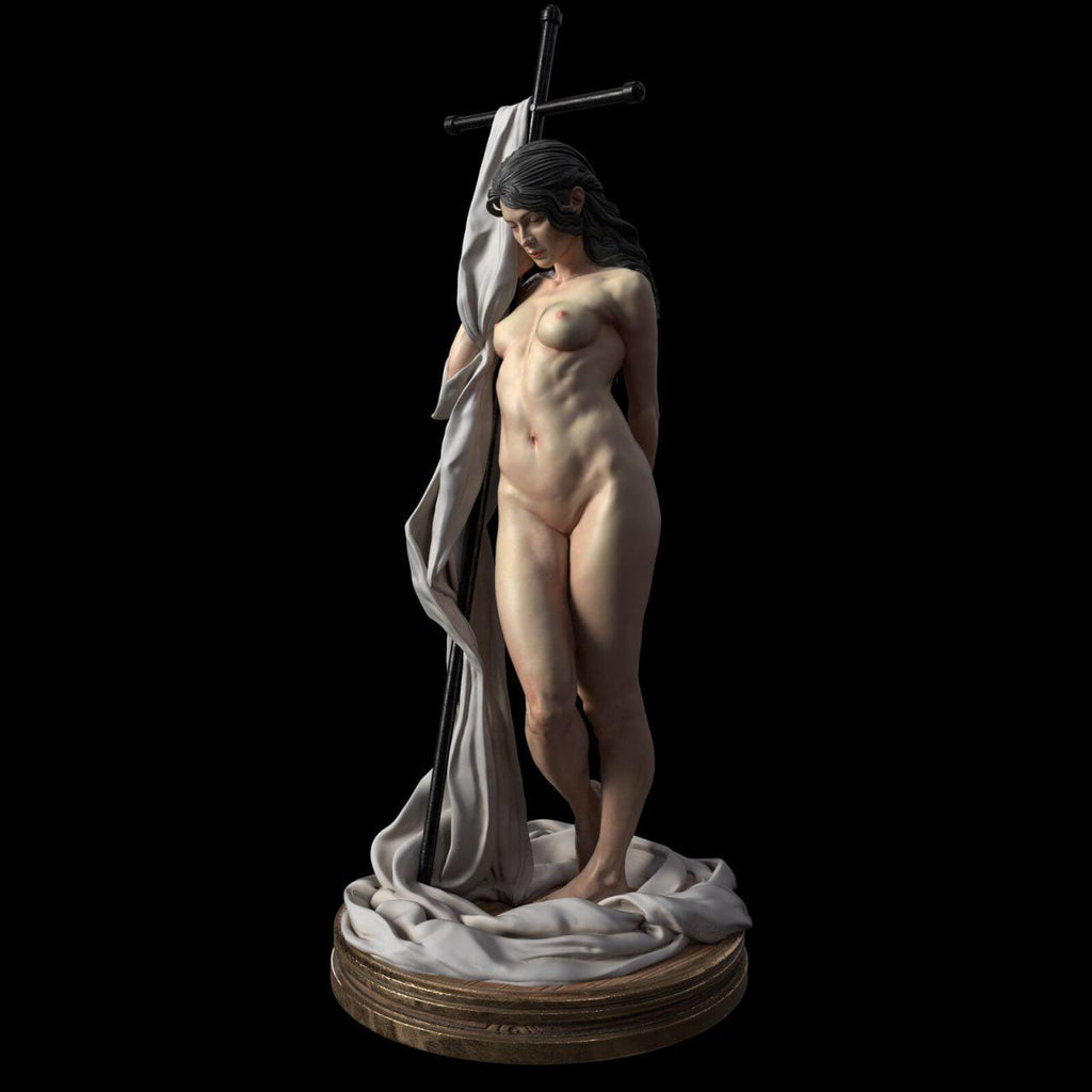 Elegant Female Figurine with Cross – Handcrafted Resin Sculpture in Neo-Classical Style