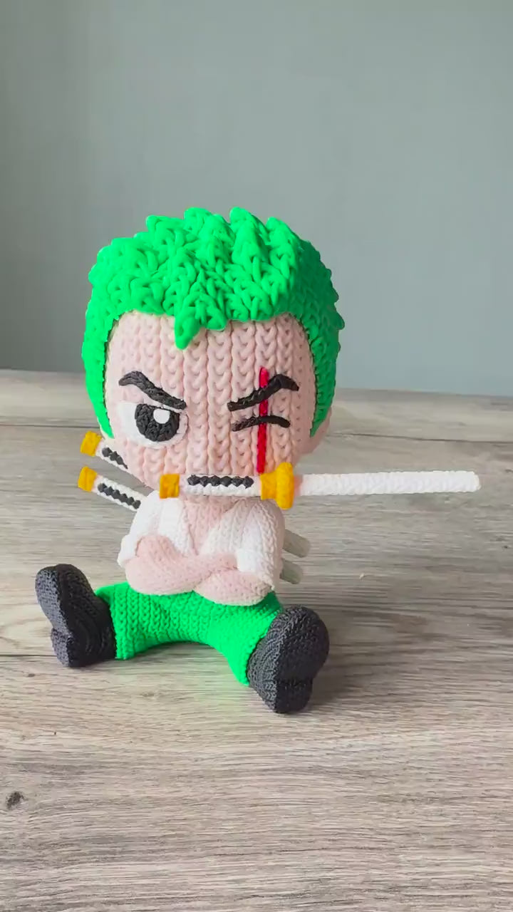 Swordsman Anime Figure Inspired by Zoro | 3D Printed Knit-Style Doll | Kids Gift & Room Decoration
